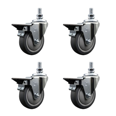 Service Caster 4 Inch Thermoplastic Rubber 10 MM Threaded Stem Caster Set with Brake SCC-TS20S414-TPRB-PLB-M1015-4